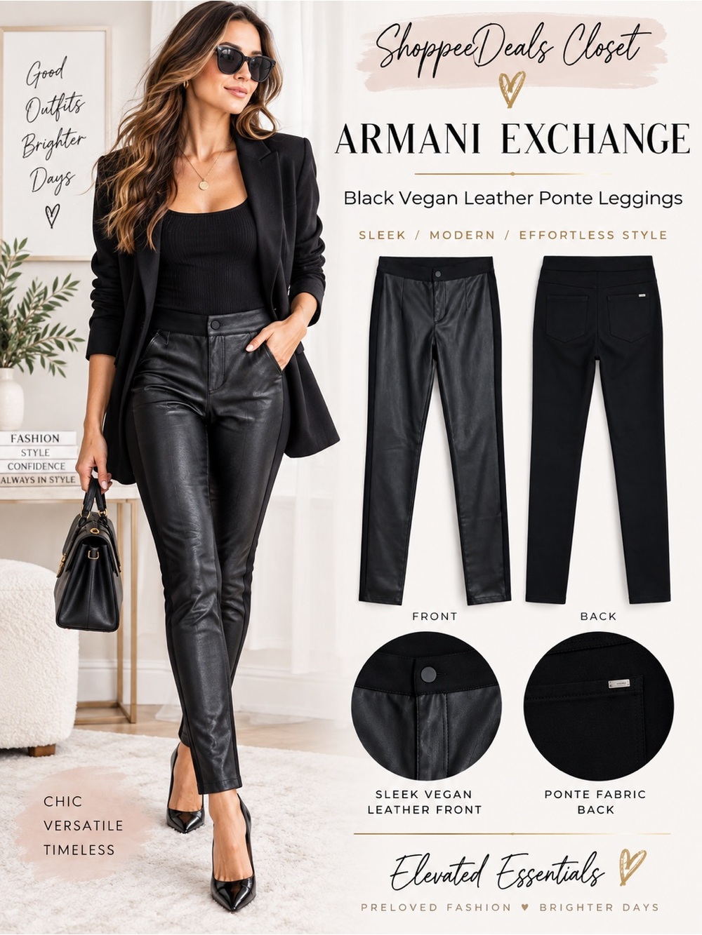 Armani Exchange Black Vegan Leather Ponte Leggings